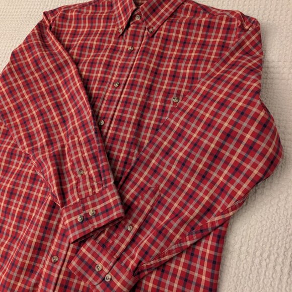 Red Plaid Button-Down Shirt Unisex Oversized Cotton Blend - Picture 8 of 13